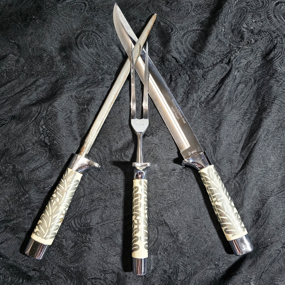 COMING SOON Vintage Griffon Solingen Carving Set Knife Fork Steel Faux Ivory Inl